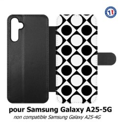 Etui cuir pour Samsung A25 5G - motif géométrique pattern noir et blanc - ronds et carrés