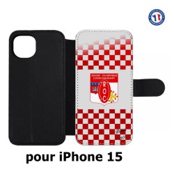 Etui cuir pour iPhone 15 - Club Rugby Castelnaudary fond quadrillé rouge blanc