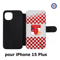 Etui cuir pour iPhone 15 Plus - Club Rugby Castelnaudary fond quadrillé rouge blanc