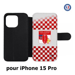 Etui cuir pour iPhone 15 Pro - Club Rugby Castelnaudary fond quadrillé rouge blanc