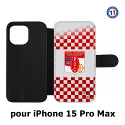 Etui cuir pour iPhone 15 Pro Max - Club Rugby Castelnaudary fond quadrillé rouge blanc