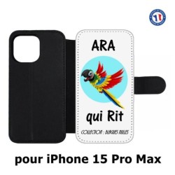 Etui cuir pour iPhone 15 Pro Max - Ara qui rit (blagues nulles)