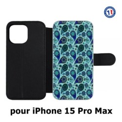Etui cuir pour iPhone 15 Pro Max - Background cachemire motif bleu géométrique