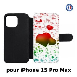 Etui cuir pour iPhone 15 Pro Max - fond coeur amour love