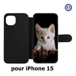 Etui cuir pour iPhone 15 - Bébé chat tout mignon - chaton yeux bleus