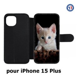 Etui cuir pour iPhone 15 Plus - Bébé chat tout mignon - chaton yeux bleus