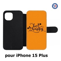 Etui cuir pour iPhone 15 Plus - Be Happy sur fond orange - Soyez heureux - Sois heureuse - citation