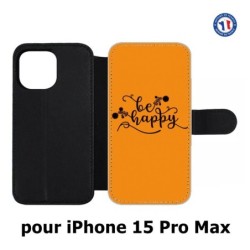 Etui cuir pour iPhone 15 Pro Max - Be Happy sur fond orange - Soyez heureux - Sois heureuse - citation