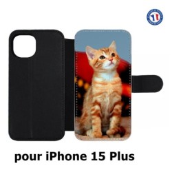 Etui cuir pour iPhone 15 Plus - Adorable chat - chat robe cannelle