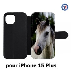 Etui cuir pour iPhone 15 Plus - Coque cheval blanc - tête de cheval