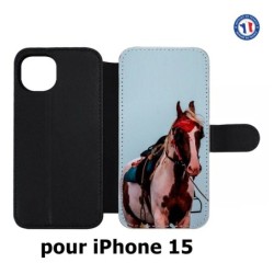 Etui cuir pour iPhone 15 - Coque cheval robe pie - bride cheval