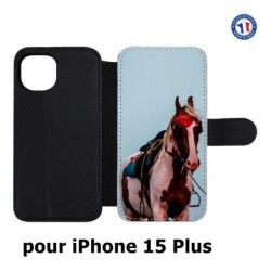 Etui cuir pour iPhone 15 Plus - Coque cheval robe pie - bride cheval