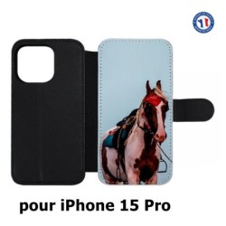 Etui cuir pour iPhone 15 Pro - Coque cheval robe pie - bride cheval