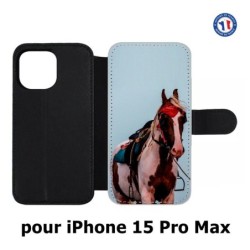 Etui cuir pour iPhone 15 Pro Max - Coque cheval robe pie - bride cheval