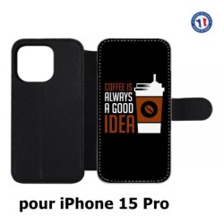 Etui cuir pour iPhone 15 Pro - Coffee is always a good idea - fond noir