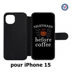 Etui cuir pour iPhone 15 - Nightmare before Coffee - coque café