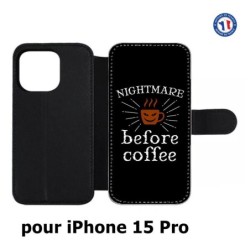 Etui cuir pour iPhone 15 Pro - Nightmare before Coffee - coque café