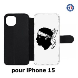 Etui cuir pour iPhone 15 - Drapeau Corse Emblème - Écusson Corse Tête de Maure