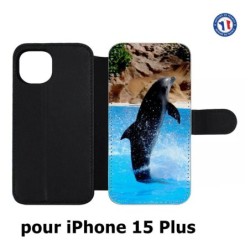Etui cuir pour iPhone 15 Plus - Dauphin saut éclaboussure