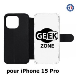 Etui cuir pour iPhone 15 Pro - Logo Geek Zone noir & blanc