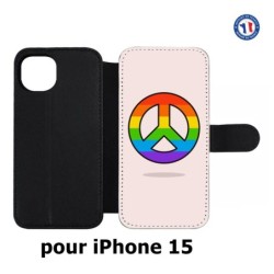 Etui cuir pour iPhone 15 - Peace and Love LGBT - couleur arc en ciel