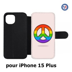Etui cuir pour iPhone 15 Plus - Peace and Love LGBT - couleur arc en ciel