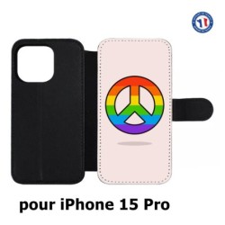 Etui cuir pour iPhone 15 Pro - Peace and Love LGBT - couleur arc en ciel