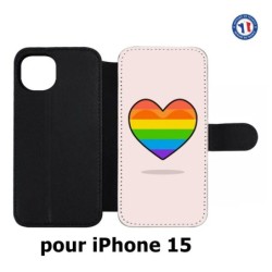 Etui cuir pour iPhone 15 - Rainbow hearth LGBT - couleur arc en ciel Coeur LGBT