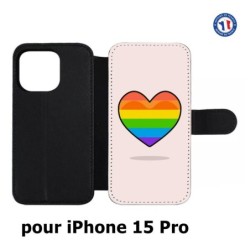 Etui cuir pour iPhone 15 Pro - Rainbow hearth LGBT - couleur arc en ciel Coeur LGBT