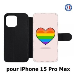 Etui cuir pour iPhone 15 Pro Max - Rainbow hearth LGBT - couleur arc en ciel Coeur LGBT