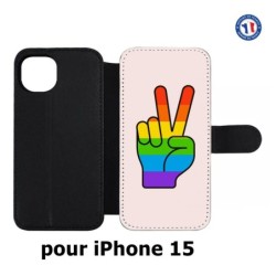 Etui cuir pour iPhone 15 - Rainbow Peace LGBT - couleur arc en ciel Main Victoire Paix LGBT