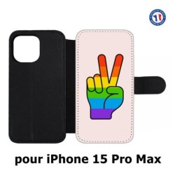 Etui cuir pour iPhone 15 Pro Max - Rainbow Peace LGBT - couleur arc en ciel Main Victoire Paix LGBT