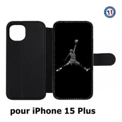 Etui cuir pour iPhone 15 Plus - Michael Jordan 23 shoot Chicago Bulls Basket