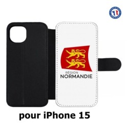 Etui cuir pour iPhone 15 - Logo Normandie - Écusson Normandie - 2 léopards