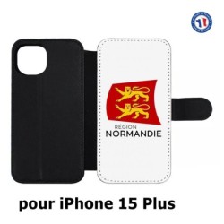 Etui cuir pour iPhone 15 Plus - Logo Normandie - Écusson Normandie - 2 léopards