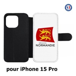 Etui cuir pour iPhone 15 Pro - Logo Normandie - Écusson Normandie - 2 léopards