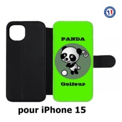 Etui cuir pour iPhone 15 - Panda golfeur - sport golf - panda mignon