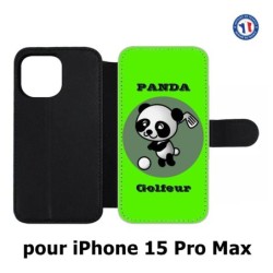 Etui cuir pour iPhone 15 Pro Max - Panda golfeur - sport golf - panda mignon