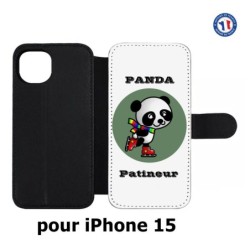 Etui cuir pour iPhone 15 - Panda patineur patineuse - sport patinage
