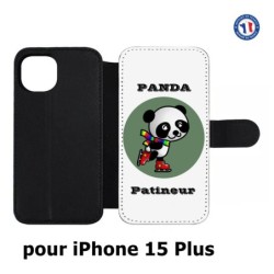Etui cuir pour iPhone 15 Plus - Panda patineur patineuse - sport patinage