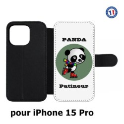 Etui cuir pour iPhone 15 Pro - Panda patineur patineuse - sport patinage