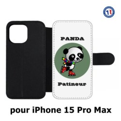 Etui cuir pour iPhone 15 Pro Max - Panda patineur patineuse - sport patinage