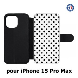 Etui cuir pour iPhone 15 Pro Max - motif géométrique pattern noir et blanc - ronds noirs