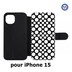 Etui cuir pour iPhone 15 - motif géométrique pattern N et B ronds blancs sur noir