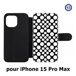 Etui cuir pour iPhone 15 Pro Max - motif géométrique pattern N et B ronds blancs sur noir