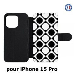 Etui cuir pour iPhone 15 Pro - motif géométrique pattern noir et blanc - ronds et carrés