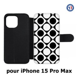 Etui cuir pour iPhone 15 Pro Max - motif géométrique pattern noir et blanc - ronds et carrés