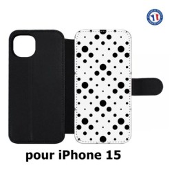 Etui cuir pour iPhone 15 - motif géométrique pattern noir et blanc - ronds noirs sur fond blanc