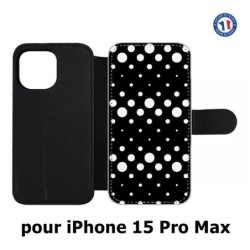 Etui cuir pour iPhone 15 Pro Max - motif géométrique pattern N et B ronds noir sur blanc