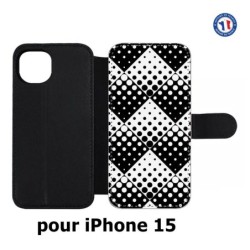 Etui cuir pour iPhone 15 - motif géométrique pattern noir et blanc - ronds carrés noirs blancs